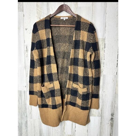 Madewell Buffalo Check Kent Cardigan Long Gold Bk Sweater XS ￼Merino Wool Apaca - Picture 1 of 6